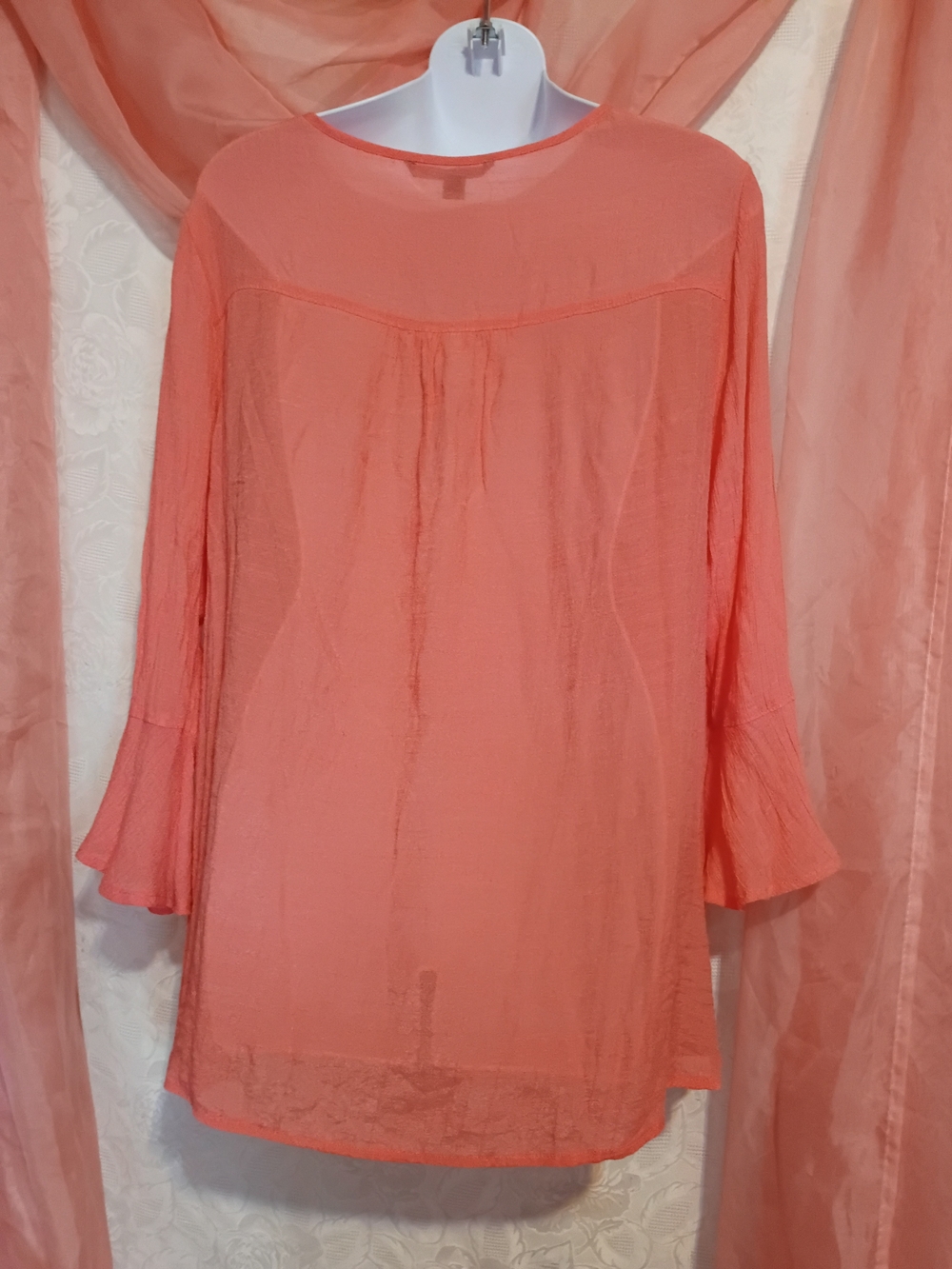 Zac & Rachel Ladies Coral Boho Lace Yoke Boho Blouse Sz Lg - Picture 6 of 9